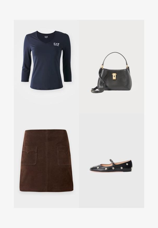 Morska plava majica dugih rukava s V-izrezom, izrađena od glatkoga materijala. Ima EA7 logotip na prsima i prilagođeni dizajn, s jednostavnim, čistim krojem.; Smeđa suknja od antilopa s klasičnim A-linijom, dva prednja džepa s zaobljenim poklopcima i suptilnim detaljima šivanja.; Crne kožne Mary Jane balerinke s zaobljenim vrhom, koje sadrže srebrne kružne zakovice i podesivu traku s kopčom.; Crna kožna torbica s teksturiranim završetkom, s zlatnom bravicom, kratkom drškom i uklonjivim remenom za rame.