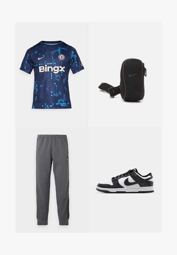 Maglia da calcio blu e blu navy realizzata in tessuto liscio, caratterizzata da motivi grafici blu, colletto rotondo, logo Nike e testo "Bingx".; Pantaloni della tuta grigi realizzati in tessuto morbido con vita elasticizzata, gambe affusolate, pannelli laterali e una toppa circolare con logo.; Sneakers Nike Dunk in bianco e nero con tomaia in pelle, punta perforata, lacci neri e suola in gomma nera con design della tacco.; Borsa nera Nike con chiusura a zip, tessuto texturizzato, dettagli marroni e una tracolla rimovibile. Presenta un logo Nike in evidenza sulla parte anteriore.