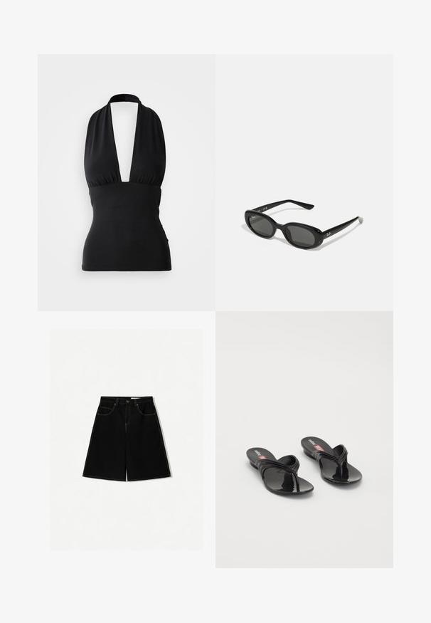 Crna halter majica s dubokim V izrezom, naboranim tijelom i uskim siluetom. Glatka, rastezljiva tkanina bez vidljivih uzoraka.; Crne traper kratke hlače s slobodnim krojem, koje imaju pet džepova, žute šavove i dizajn struka srednje visine.; Melissa MELISSA QUANTUM THONG X DIESEL - Sandale s remenom u obliku slova T - black; Crne sunčane naočale s ovalnim lećama, sjajnim plastičnim okvirom i tankim krakovima. Značajka je Ray-Ban logo u bijeloj boji s strane.; Crni smolasti narukvica s glatkom, sjajnom površinom i zaobljenim ivicama. Ima mali zlatni "Pilgrim" logo na unutrašnjoj strani.