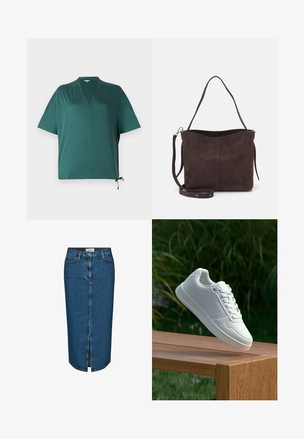 Mørkegrøn afslappet top med V-hals, korte ærmer og sidebindedetalje. Lavet af et glat, let materiale.; Denim blyantskørt i mørkeblå, med en forslidse, fem lommer og kontrasterende syninger. Mellem høj talje med et klassisk design.; Hvid sneaker med en glat syntetisk overdel, perforeret tåboks, flade snørebånd og en tekstureret sål, præsenteret på en træoverflade.; Brun ruskinds tote bag med en blød tekstur, der har en enkelt skulderrem og en diskret buet topåbning. Ingen synlige hårde detaljer.