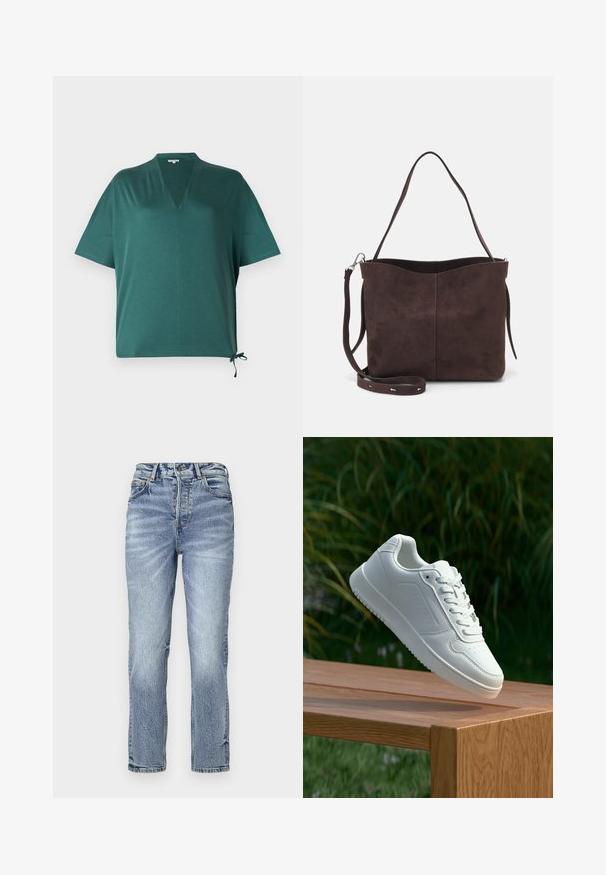 Mørkegrøn afslappet top med V-hals, korte ærmer og sidebindedetalje. Lavet af et glat, let materiale.; Lyseblå denim jeans med lige pasform, høj talje, falmet tekstur og fem lommer. Har metalknap og lynlås lukning.; Hvid sneaker med en glat syntetisk overdel, perforeret tåboks, flade snørebånd og en tekstureret sål, præsenteret på en træoverflade.; Brun ruskinds tote bag med en blød tekstur, der har en enkelt skulderrem og en diskret buet topåbning. Ingen synlige hårde detaljer.