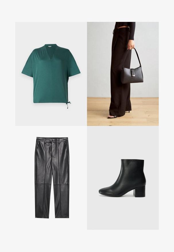 Dark green relaxed-fit top with a V-neck, short sleeves, and a side tie detail. Made from a smooth, lightweight material.; Black leather trousers with a smooth texture, featuring a straight fit, two front pockets, and visible seam detailing.; Black leather ankle boots with a pointed toe and a chunky heel. Smooth texture with minimal accents and a sleek, fitted design.; Black handbag with structured shape, smooth texture, and a metallic clasp. Paired with wide black pants and open-toe sandals on wooden floor.