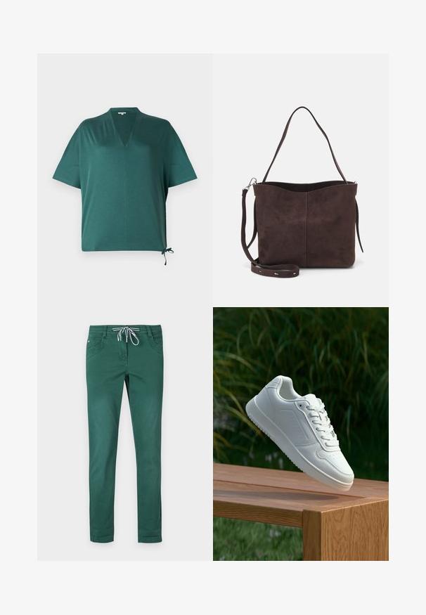 Tumši zaļa brīvā piegriezuma krekls ar V veida dekoltē, īsām piedurknēm un sānu saišu detaļu. Izgatavots no gludas, vieglas auduma.; Zaļi kokvilnas maisījuma bikses ar taisnu kāju dizainu, ar elastīgu jostu un divām priekšējām kabatām. Gluda tekstūra un nav rakstu.; Baltie sporta apavi ar gludu sintētisku augšpusi, perforētu pirkstu daļu, plakani šņorēm un rakstainu zoli, novietoti uz koka virsmas.; Brūns zamšādas roku soma ar mīkstu tekstūru, aprīkota ar vienu plecu siksnu un nelielu izliekta augšējā atvēruma dizainu. Nav redzamu metāla detaļu.