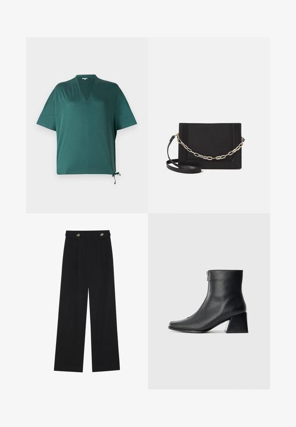 Tamsiai žalia laisva palaidinė su V formos iškirpte, trumpomis rankovėmis ir šonu surišimu. Pagaminta iš lygaus, lengvo audinio.; Juodi plačios kojos kelnės su aukštu liemeniu, sagų detalėmis ant liemens ir priekinėmis raukšlėmis.; Juodas odinis kulkšninis botas su kvadratiniu pirštu, šoniniu užtrauktuku ir blokuotu kulnu, prieš lengvą paprastą foną.; Juodas odinis per petį nešiojamas krepšys turi lygų paviršių, stačiakampio formą ir metalinę grandinėlę priekyje. Pridedama reguliuojama dirželis.