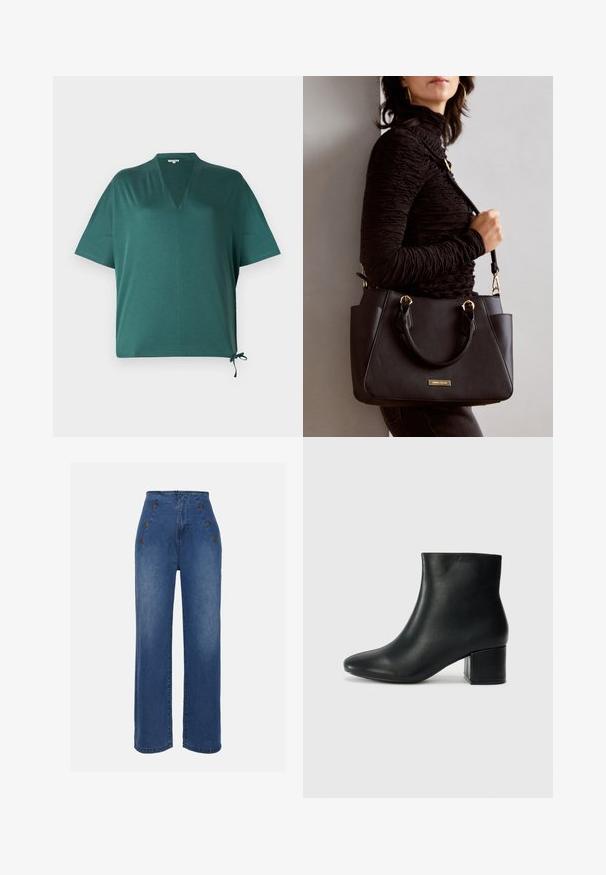 Mørkegrøn afslappet top med V-hals, korte ærmer og sidebindedetalje. Lavet af et glat, let materiale.; Højtaljede denimjeans i mellemblå. Har frontknapdetaljer og bred benlængde. Stoffet har en glat tekstur med let falmning.; Sorte læder ankelstøvler med spids tå og en kraftig hæl. Glat tekstur med minimale detaljer og et slankt, tætsiddende design.; Sort håndtaske med struktureret overflade, dobbelt topbærere og justerbar skulderrem. Udstyret med guldfarvet metalhardware og sidelommer.