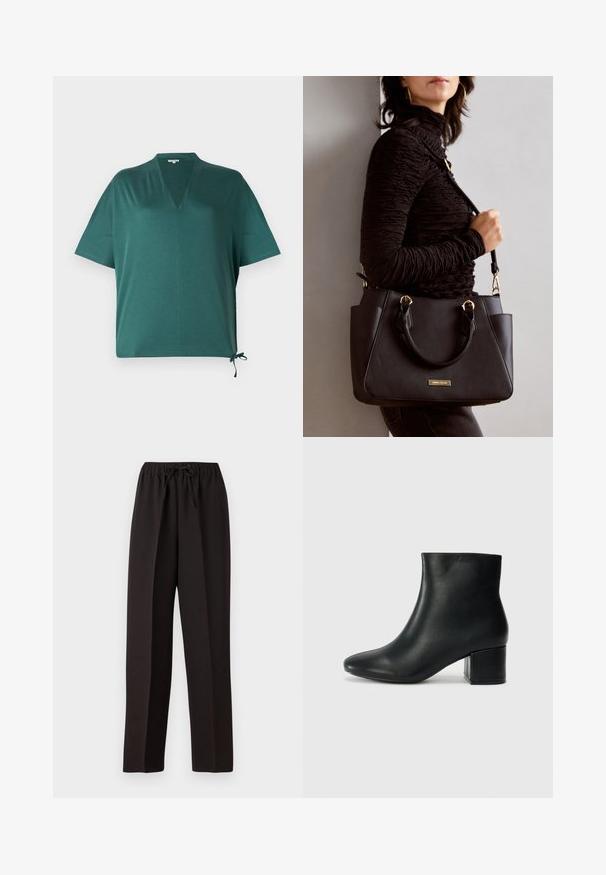 Top de color verde oscuro, de corte relajado, con escote en V, mangas cortas y detalle de lazo lateral. Hecho de un material suave y ligero.; Pantalones negros de pierna ancha con cintura elástica y cordón ajustable. Fabricados en un tejido suave y ligero sin patrones visibles.; Botas de cuero negras hasta el tobillo con una punta afilada y un tacón grueso. Textura lisa con acentos mínimos y un diseño elegante y ajustado.; Bolso negro con superficie texturizada, doble asa superior y correa para hombro ajustable. Presenta herrajes en tono dorado y bolsillos laterales.