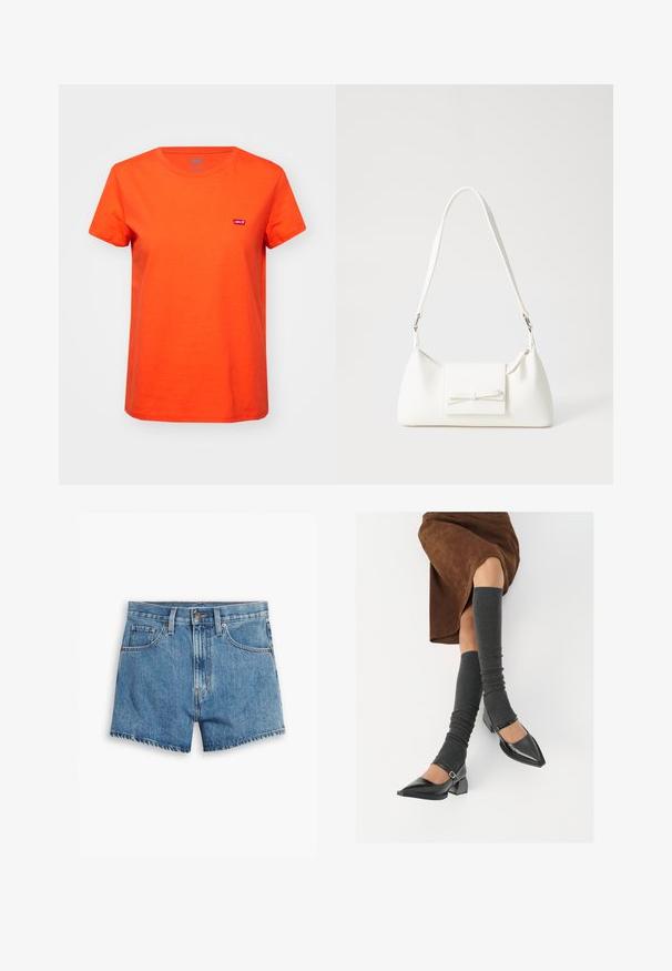 Levi's® Tričko s potlačou - orange; Džínové šortky v svetlo modrej farbe, s piatimi vreckami, zipsom a zapínaním na gombík. Spodný lem je rozstrapkaný s voľným strihom.; Čierne lakované kožené topánky s špicatou špičkou, blokovým podpätkom a členkovým remienkom, ktoré sú kombinované so šedými rebrovanými legínami a hnedou zamšovou sukňou.; Biela syntetická kabelka s trojuholníkovým tvarom, plochým predným klapkou a detailom mašle, nastaviteľným popruhom, hladkou textúrou a minimalistickým dizajnom.