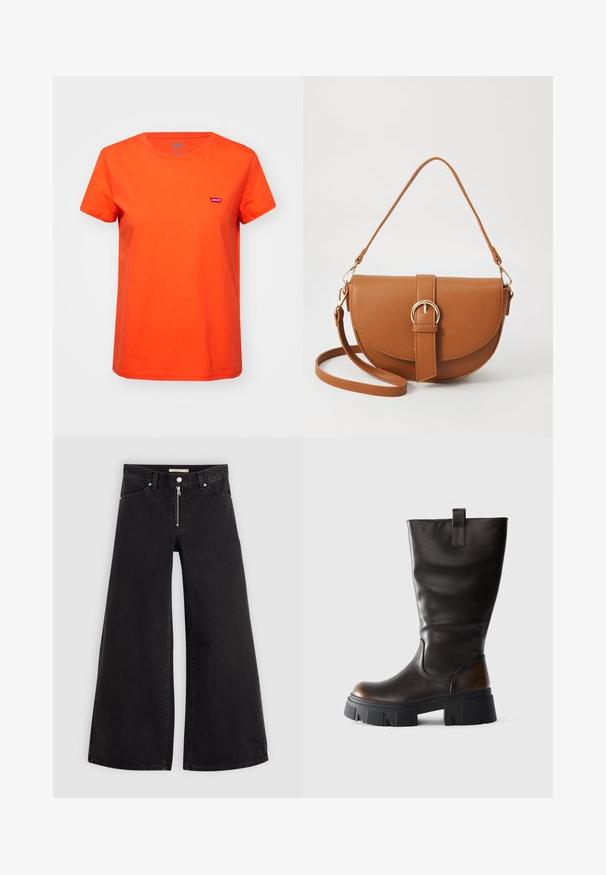 Levi's® Print T-shirt - orange; Wide-leg jeans in black denim with a zippered front, five-pocket design, and subtle stitching details. Smooth texture and casual style.; Tall black leather boot with chunky black platform sole and brown accent on heel, side view on light gray background.; Brown leather crossbody bag with a curved shape, gold hardware, and a buckle accent. Features a detachable shoulder strap.