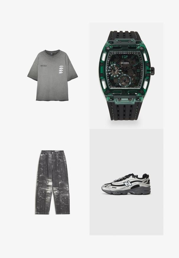 Grijze oversized T-shirt met de tekst "TRUE SELF" op de linkerborst en vier witte ooggraphics in een verticale lijn op de rechterborst.; Zwarte denim jeans met een gestructureerd abstract patroon in grijstinten, met een klassieke vijf-pocket stijl en recht gesneden pijpen.; Zilveren en zwarte sportschoenen met een bovenwerk van mesh, een gevoerde zool, vetersluiting en een zijlogo.; Guess horloge met een rechthoekige groene plastic behuizing, een zwarte rubberen band met textuur, en meerdere wijzers met vetgedrukte cijfers en accenten.