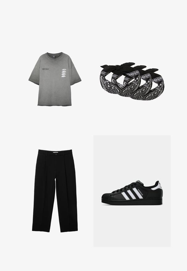 Szürke, oversize póló, melyen a bal mellrészen "IGAZI ÉN" felirat és a jobb mellrészen négy fehér szemgrafika helyezkedik el függőlegesen.; PULL&BEAR DARTED - Nadrágok - black; Fekete Adidas Superstar sportcipő fehér csíkokkal, kagyló orral és "Superstar" felirattal az oldalán, oldalról bemutatva, fehér háttér előtt.; Fekete-fehér bandanák, amelyek paisley mintával készültek, könnyű szövetből, megkötős végekkel az állítható stílus érdekében.