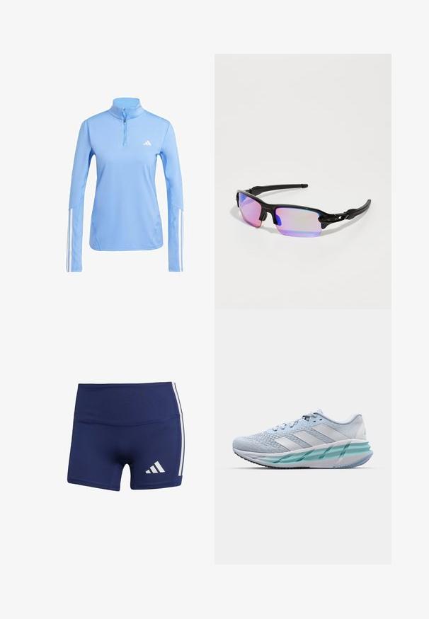Maglia azzurra chiaro a maniche lunghe con colletto a zip quarti, caratterizzata da logo Adidas bianco e tre strisce bianche lungo le maniche. Tessuto dalla consistenza liscia.; Pantaloni sportivi aderenti blu navy, realizzati in tessuto liscio, con strisce laterali bianche e un logo sul lato sinistro in basso.; Scarpe da ginnastica azzurro chiaro con tomaia in maglia testurizzata, accenti bianchi e suola intermedia verde trasparente. Punta rotonda e colletto imbottito.; Occhiali da sole sportivi neri con finitura lucida, lenti a specchio color porpora e steli neri curvi. Presentano il logo sulla montatura.