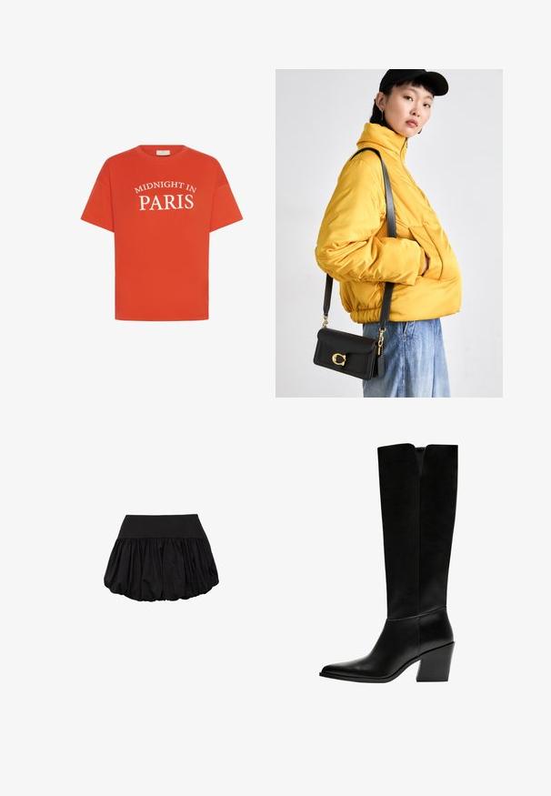 Oranje katoenen T-shirt met korte mouwen, voorzien van witte tekst die "MIDNIGHT IN PARIS" in een gebogen ontwerp over de voorkant weergeeft.; Zwarte minirok met een gestructureerde tailleband en een volumineus, geplooid ontwerp. Gemaakt van lichtgewicht stof, met een gladde textuur.; Zwarte laarzen tot de knie van soepel leer, met een puntige neus, een blokhak en een V-vormige uitsparing aan de bovenkant.; Geel gewatteerde jas met hoge kraag en voorzak, gecombineerd met een zwarte schoudertas met gouden hardware. Casual denim broek.