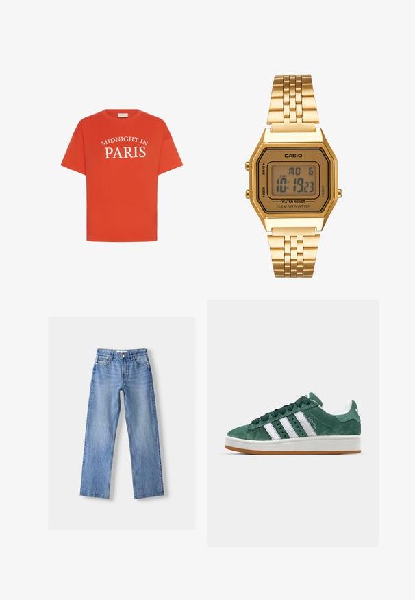 Orange bomulds T-shirt med korte ærmer, med hvid tekst der står "MIDNIGHT IN PARIS" i en buet design over fronten.; Lysblå denim jeans med lige ben design, der har fem lommer, en frontknaplukning og subtil falmning for tekstur.; Grønne ruskinds sneakers med hvide læderstriber, gummisål, polstret krave og minimalistisk design. Har branding på siden.; Guld digitalt ur med rektangulært urglas, LCD-display, rustfrit stålarmbånd og knapper på siden. Har et vandtæt mærke.