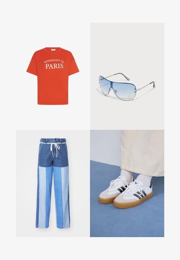 T-shirt en coton orange à manches courtes, avec un texte blanc indiquant "MINUIT À PARIS" dans un design cintré sur le devant.; Pantalon en denim bleu avec un design patchwork aux nuances de bleu variées, une taille à cordon et des jambes droites amples.; Baskets blanches avec des rayures noires et des accents en daim beige. Elles présentent une semelle en gomme texturée et des lacets plats blancs, portées avec des chaussettes claires.; Lunettes de soleil aviateur avec des verres dégradés bleus, une monture en métal argenté et des accents décoratifs en forme d'étoile sur les verres. Design lisse et élégant.