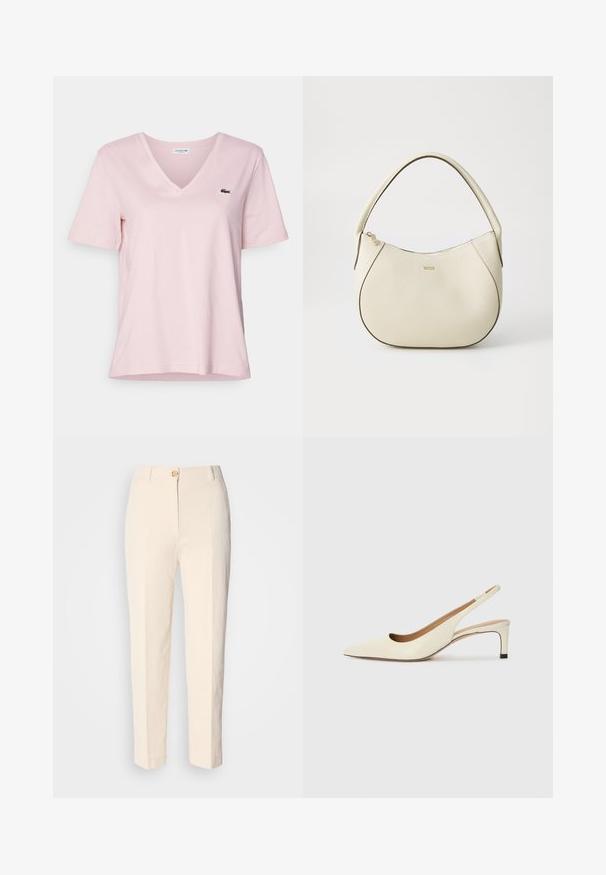 Gaiši rozā kokvilnas T-kreklā ar V veida kakla izgriezumu un īsām piedurknēm, kreisajā krūtīs ir neliels zaļš izšūts krokodila logo.; Krēma krāsas augstākā jostas līmeņa bikses, izgatavotas no teksturēta auduma. Tām ir aizdare priekšā ar pogu un sašaurināti kājām.; Asimtais pirksta siksnas kurpes off-white ādas, ar zemu papēdi un izgrieztu dizainu, gluda tekstūra un minimāli akcenti.; Krēmkrāsas rokassoma ar teksturētu virsmu, izliekta forma, īss rokturis un zelta tonī logo detaļa. Vāciņš ar rāvējslēdzēju augšpusē.