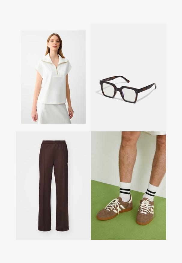 Biała bluzka z krótkim rękawem i zamkiem na szyi, o wyraźnym fasonie i złotym detalem zamka. Gładka tekstura, minimalistyczny design.; Brązowe spodnie sportowe z elastycznym pasem, dwoma bocznymi kieszeniami i małym logo po lewej stronie, wykonane z miękkiego materiału.; Brązowe zamszowe sneakersy z białymi akcentami i sznurówkami. Gumowa, brązowa podeszwa. Noszone z białymi skarpetkami w czarne paski. Zielona teksturowana podłoga.; Kwadratowe okulary przeciwsłoneczne z oprawką z acetatu w wzór żółwia i przezroczystymi soczewkami. Posiadają szerokie zauszniki i matowe wykończenie, co zwiększa ich ogólną trwałość.