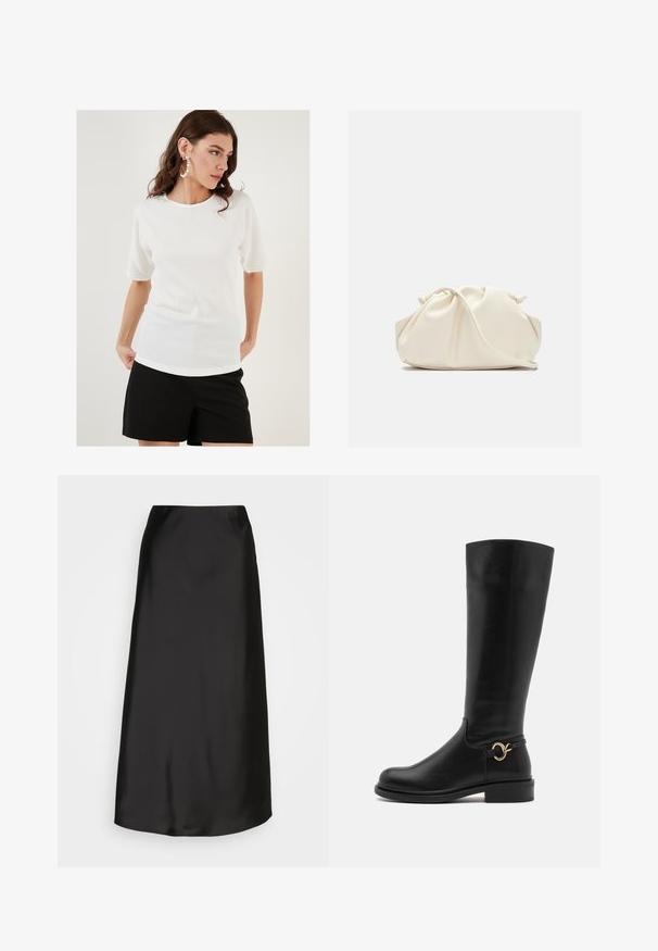 Valkoinen lyhythihainen paita, jossa on tekstuuri, pyöreä kaula-aukko ja rento malli, yhdistettynä mustiin shortseihin.; Mustat satiini-midi-hameet, joissa on sileä pinta, A-linjainen malli ja hienovarainen kiilto. Ominaisuudet sisältävät tyylikkään, yksinkertaisen muotoilun ilman koristeluja.; Anna Field Wide Fit Saappaat - black; Kermapunah, tas faux leather lembut dengan desain berkerut, tali yang dapat disesuaikan, dan penutupan tali yang halus. Tekstur mulus dan bentuk bulat.