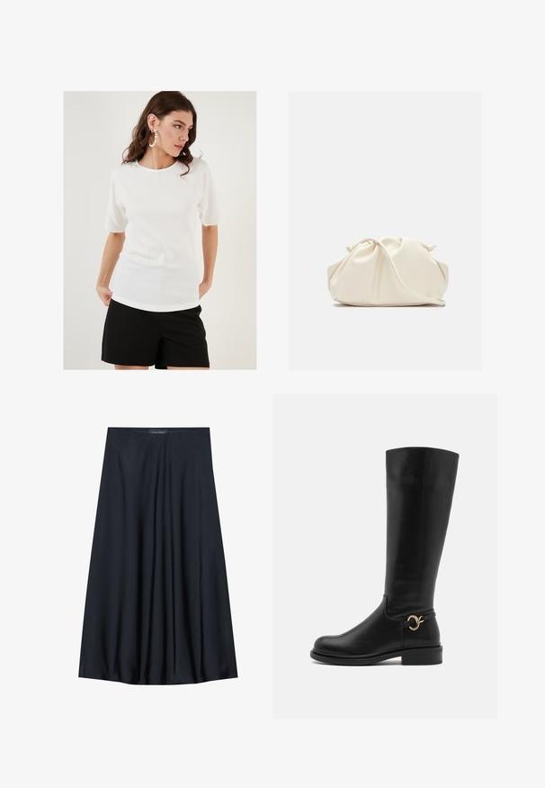 Fehér, rövid ujjú felső textúrált anyagból, kerek nyakkivágással és laza szabással, fekete rövidnadrággal párosítva.; Fekete, térdig érő szoknya könnyű anyagból, laza formával. Simább textúrával rendelkezik, és finom redők díszítik a részleteket.; Anna Field Wide Fit Csizmák - black; Krém színű, puha műbőr táska, összegyűrt dizájnnal, állítható pánttal és diszkrét húzózsinóros záródással. Sima felület és lekerekített forma.