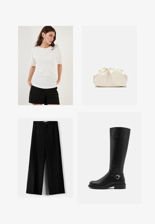 Witte T-shirt met korte mouwen en een textuurstof, met een ronde hals en een ontspannen pasvorm, gecombineerd met zwarte shorts.; Zwarte wijde broek van lichtgewicht stof, met een knoopsluiting aan de voorkant en een vlakke achterkant, afgewerkt met keurig gestikte zoom.; Anna Field Wide Fit Laarzen - black; Crème-kleurige, zachte neplederen tas met een geplooid ontwerp, verstelbare schouderband en subtiele trekkoordsluiting. Gladde textuur en ronde vorm.; Zilveren druppeloorbellen met afgeronde, reflecterende oppervlakken; minimalistisch ontwerp met een gladde textuur en subtiele merkdetails.