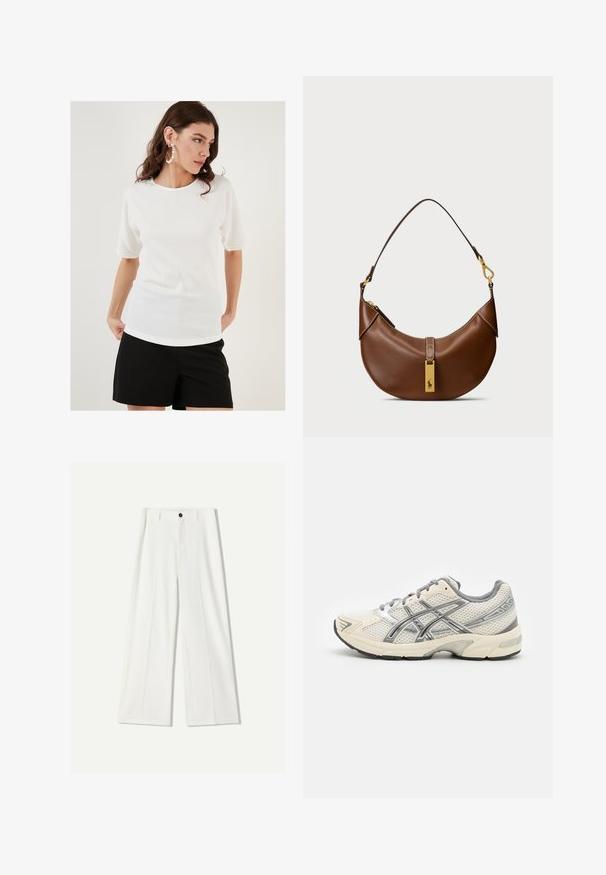 Witte T-shirt met korte mouwen en een textuurstof, met een ronde hals en een ontspannen pasvorm, gecombineerd met zwarte shorts.; Witte wijde pantalon van soepel materiaal, met een sluiting aan de voorkant met een knoop en geplooide details. Plat voorkant ontwerp, zonder zichtbare zakken.; Hardloopschoenen met een ademend wit mesh bovenwerk, zilveren accenten, grijze veters en een duurzame zwarte rubberen zool. Lichtgewicht, gevoerd ontwerp.; Bruine leren schoudertas met een gebogen vorm, gouden hardware, bovenklepdetail en een logoaccent. Gladde textuur met gestikte randen.