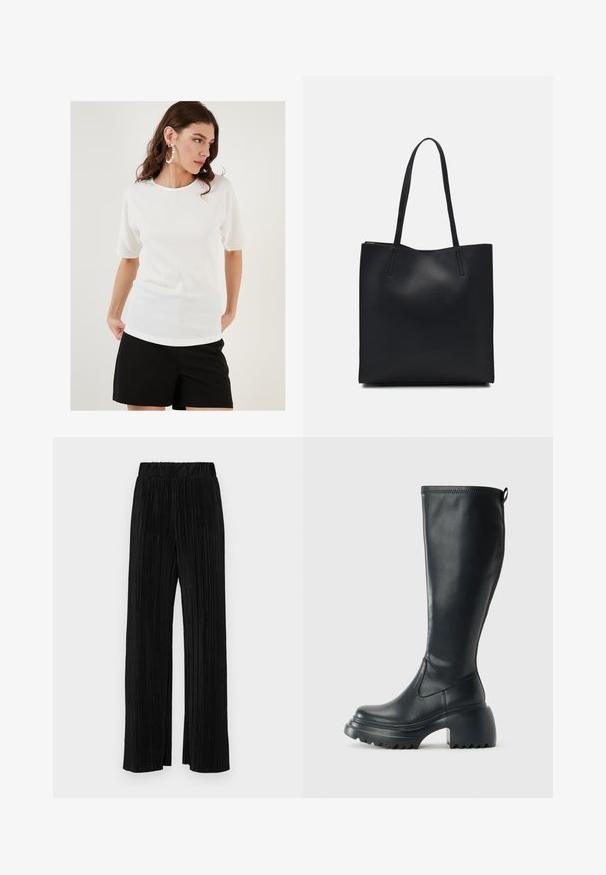 Bijela majica kratkih rukava od teksturiranog materijala, s okruglim izrezom i opuštenim krojem, u paru s crnim šortsevima.; Crne plisirane hlače s elastičnim pojasom. Imaju široke nogavice i glatku, teksturiranu tkaninu s vertikalnim prugama.; Visoke crne kožne čizme s debelim platformskim đonom i blok petom, s patentom za povlačenje i teksturiranim uzorkom na potplatu.; Crna kožna torba za nošenje s glatkom teksturom, pravokutnim oblikom i dvije duge ručke. Nema vidljivih metalnih dijelova ili ukrasa.