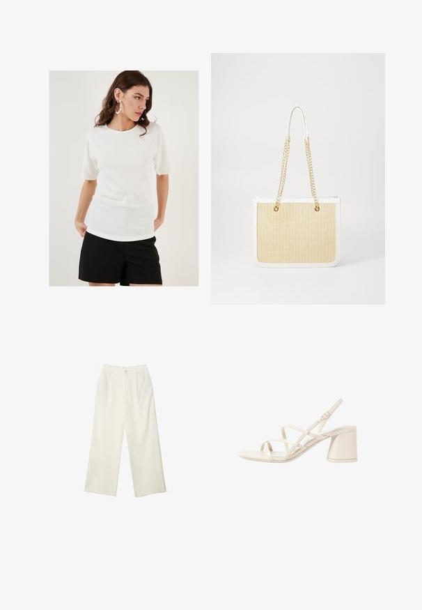 White short-sleeve top with a textured fabric, featuring a round neckline and a relaxed fit, paired with black shorts.; Wide-leg trousers in cream fabric with a smooth texture, featuring a single front button, subtle pleats, and a high waist design.; Beige heeled sandals with slender, crisscross straps, open toe, and a square block heel. Smooth patent finish, adjustable ankle strap.; Beige woven straw tote bag with white leather trim, dual gold chain handles, and a rectangular shape. Surface features a textured pattern.