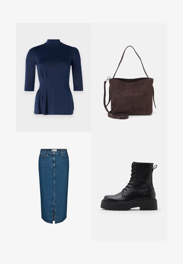 Navy blue top with a high neckline and three-quarter sleeves. Features side pleat details and a smooth, stretchy fabric texture.; Denim pencil skirt in dark blue, featuring a front slit, five pockets, and contrasting stitching. Mid-rise waist with a classic design.; Black leather ankle boots with a round toe, lace-up front, and a thick rubber sole featuring a textured tread. Pull tab at the back.; Brown suede tote bag with a soft texture, featuring a single shoulder strap and a subtle curved top opening. No visible hardware details.