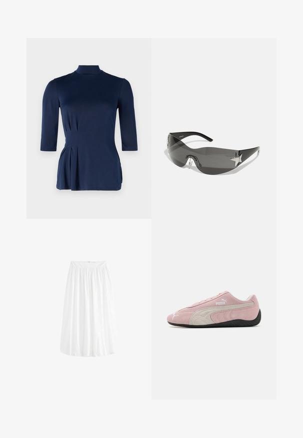 Tamsiai mėlynas viršus su aukštu kaklu ir trimis ketvirčiais rankovėmis. Yra šoninių raukšlių detalės ir lygus, tamprus audinio tekstūra.; Balta, iki kelių siekianti sijonas, pagamintas iš lengvos medžiagos. Ypatybės - elastinga juosmens juosta, kuri leidžia reguliuoti dydį, ir minkštas krintantis audinys.; Rožinės zomšinės sportbačiai su pilkų akcentų, sraigtančių dizainu, tekstūruota viršutinė dalis ir juodas guminis padas. Šone yra Puma logotipas.; Juodos saulės akinius su apvaliu dizainu, tamsiai tonuotais lęšiais, blizgančiais žvaigždės formos akcentais ir reguliuojamomis nosies pagalvėlėmis.