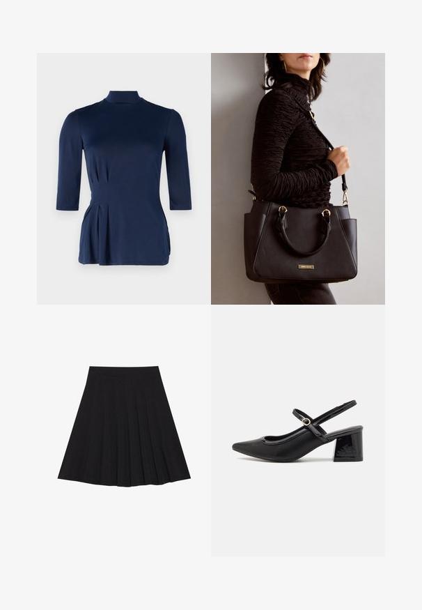 Marineblaues Oberteil mit hohem Kragen und Dreiviertelärmeln. Mit seitlichen Faltendetails und einer glatten, dehnbaren Stoffstruktur.; Schwarzer, plissierter Rock aus strukturiertem Stoff mit einem taillierten Bund. Fällt knielang und hat eine glatte, klare Silhouette.; Schwarze Lackleder-Slingback-Absätze mit spitzer Zehenform, einem runden Ausschnitt-Design und einem Blockabsatz. Mit einem goldfarbenen Schnallenakzent.; Schwarze Handtasche mit strukturierten Oberflächen, doppelten Obergriffen und verstellbarem Schultergurt. Mit goldfarbener Hardware und Seitentaschen.