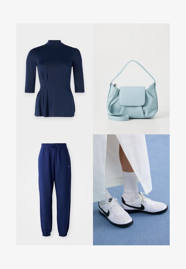Top azul-marinho com gola alta e mangas três-quartos. Apresenta detalhes de pregas laterais e uma textura de tecido suave e elástico.; Calças de fato de treino azul marinho feitas de um tecido suave, com uma cintura elástica com cordão, punhos elásticos e um pequeno logótipo branco.; Ténis brancos da Nike com detalhes pretos, apresentando um cabedal em pele lisa, atacadores brancos e solas de borracha resistentes, combinados com meias brancas com textura ribada.; Bolsa de mão de couro azul claro com alça superior, bolso frontal com aba e alça de pulso destacável, em fundo branco.