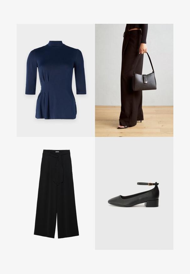 Marineblaues Oberteil mit hohem Kragen und Dreiviertelärmeln. Mit seitlichen Faltendetails und einer glatten, dehnbaren Stoffstruktur.; Schwarze weite Hosen aus strukturiertem Stoff, mit elastischem Bund und einem abnehmbaren Bindegürtel in der Taille für eine verstellbare Passform.; Schwarze Lederpumps mit spitzem Zehenbereich und niedrigem Blockabsatz. Mit einem Knöchelriemen und einer goldfarbenen Schnalle. Glatte Textur.; Schwarze Handtasche mit strukturierter Form, glatter Textur und einem metallischen Verschluss. Kombiniert mit weiten schwarzen Hosen und offenen Sandalen auf einem Holzboden.