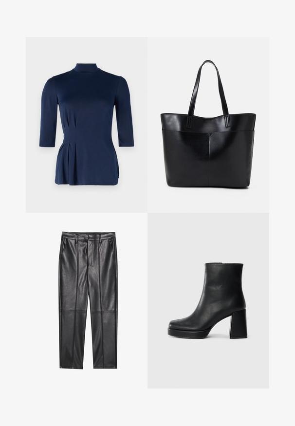 Tengerészkék felső magas nyakkivágással és háromnegyedes ujjakkal. Oldalsó redőkkel és sima, rugalmas anyaggal rendelkezik.; Fekete bőrnadrág sima textúrával, egyenes szabással, két elülső zsebbel és látható varrás részletekkel.; Fekete bőr bokacsizma tömbsarkal és platform talppal, oldalról nézve, sima fehér háttéren.; Fekete bőr bevásárlótáska két hosszú fogantyúval, sima felülettel és strukturált formával. Elülső zseb található rajta a plusz tárolás érdekében.