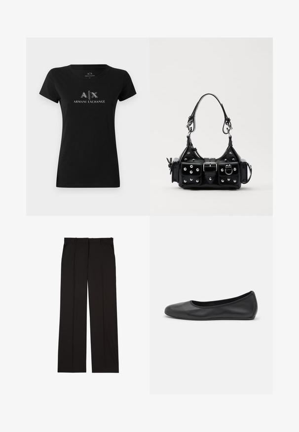 Črna bombažna majica s kratkimi rokavi in krožnim izrezom, na sprednji strani pa ima belo logotip "A|X ARMANI EXCHANGE" v kovinskem dizajnu.; Črne krojene hlače iz gladkega materiala, s straight-leg obliko in dvema stranskima žepoma. Elegantna in minimalistična zasnova.; Črne usnjene balerinke z zaobljenim nosom, gladko teksturo, minimalnimi šivi in fleksibilno zasnovo podplata.; Črna usnjena torbica s ukrivljenim dizajnom, ki vsebuje srebrne žebljičke, zaponko in dve stranski žepki. Nastavljiv trak za različne možnosti nošenja.