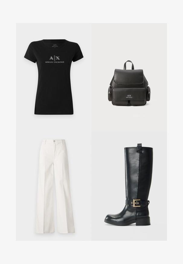 Juodas medvilnės marškinėliai su apvali technika ir trumpomis rankovėmis, priekyje su baltu logotipu "A|X ARMANI EXCHANGE" metalizuotame dizainuose.; Balti platūs baltos spalvos keliai, pagaminti iš medvilnės su lygiu paviršiumi. Yra priekinis mygtukas, užtrauktukas ir keturi kišenės.; Juoda odinė aukščiau kelių batas su žemu bloku kulnu, dekoratyvi auksinė sagtis aplink čiurną ir traukiantis kilpelis viršuje.; Juodas odinis kuprinė su uždengimu, priekinė kišenė, šoninės užtrauktukų kišenės ir viršutinė rankena. Priekyje yra logotipo detalizavimas.