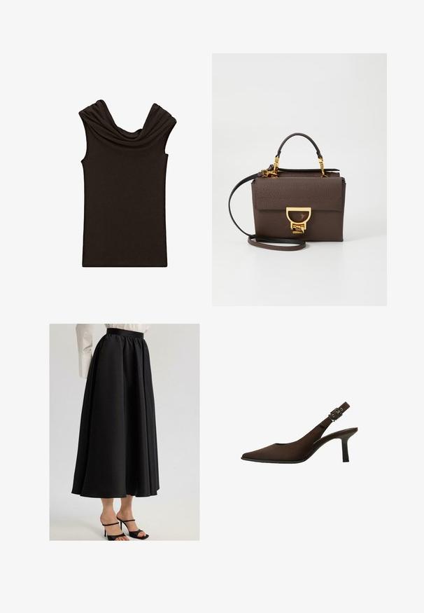 Dark brown sleeveless top with a draped cowl neckline and smooth texture, designed with a fitted shape and minimalistic style.; Black maxi skirt made of smooth fabric, featuring a gathered waistband and flowing design, paired with black strappy heels.; Brown suede slingback pump with a pointed toe, sleek design, thin heel, and a buckle accent on the ankle strap.; Brown textured leather handbag with gold-tone hardware, top handle, and detachable shoulder strap. Features a front flap and logo detail.; Gold-tone rectangular wristwatch with a white dial, silver-tone hour markers, and a durable metal link bracelet. Water-resistant feature included.