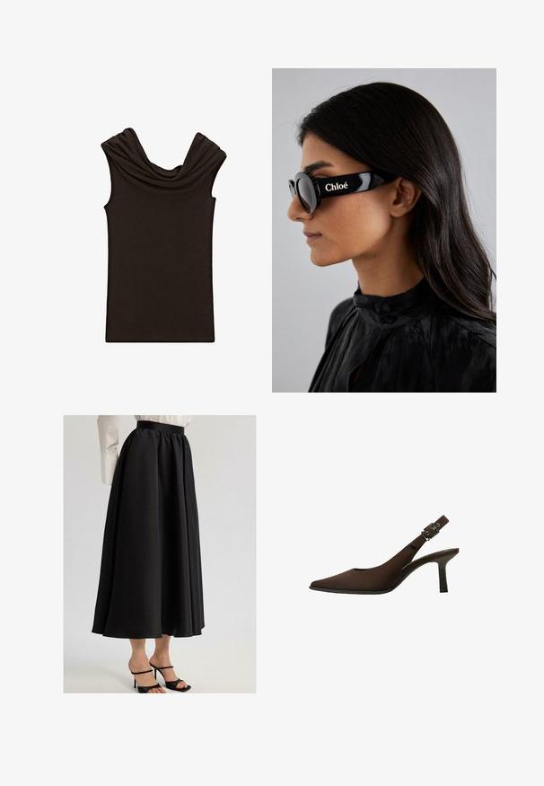 Top senza maniche di un marrone scuro, con scollo drappeggiato e texture liscia, progettato con una forma aderente e uno stile minimalista.; Gonna nera maxi realizzata in tessuto liscio, caratterizzata da una vita arricciata e un design fluido, abbinata a sandali neri con cinturini.; Décolleté in suede marrone con punta affusolata, design elegante, tacco sottile e dettaglio con fibbia sul cinturino alla caviglia.; Occhiali da sole neri con lenti rotonde e montatura bold e angolare, con il marchio "Chloé" in bianco sul lato. Finitura liscia e lucida.; Borsa a tracolla in pelle marrone con texture, dettagli in metallo dorato, manico superiore e tracolla rimovibile. Presenta una patta frontale e un dettaglio con logo.; Orologio da polso rettangolare dorato con quadrante bianco, indicatori delle ore in tono argento e un robusto bracciale in metallo. Include la funzione di resistenza all'acqua.