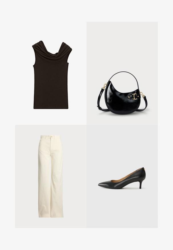 Donkerbruine mouwloze top met een gedrapeerde kraag en een gladde textuur, ontworpen met een fitted vorm en een minimalistische stijl.; Polo Ralph Lauren COTTON CORDUROY WIDE-LEG PANT - Broek - warm white; Zwarte leren pump met een puntige teen, lage hak en een gladde textuur. Heeft een lichte opening aan de voorkant en minimale hardware aan de achterkant.; Zwarte gepatineerde leren handtas met een gebogen vorm, verstelbare schouderband en gouden hardwaredetails aan de zijkant. Gladde, glanzende textuur.