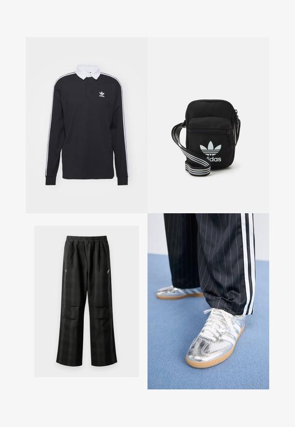 Melnas garām piedurknēm polo krekls ar baltu apkakli un trim baltām svītrām gar piedurknēm; uz krūtīm ir izšūts Adidas logo.; Melnas kvadrātveida bikses ar elastīgu jostu, divām priekšējām kabatām un brīvu piegriezumu ar taisnām kājām. Izgatavotas no viegla materiāla.; Metāliski sudraba sporta apavi ar baltām auklām un trim baltām svītrām, savienoti ar melnām svītrainām biksēm. Gumijas zole apakšā.; Melna auduma crossbody soma ar rāvējslēdzēja aizdari, kurai ir balts Adidas logo un svītrainas regulējamas siksnas ērtiem pārvietošanās veidiem.