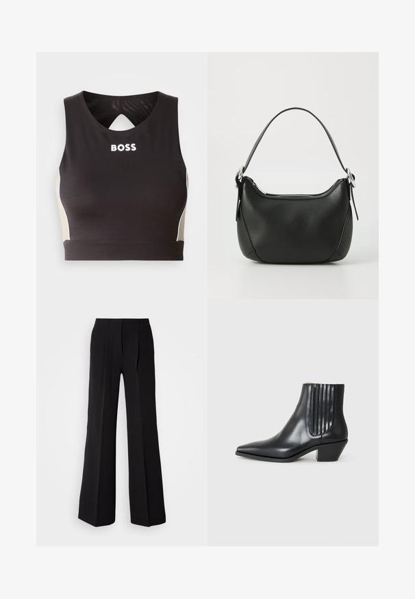 Top deportivo negro de corte crops con un respaldo en forma de ojal, que presenta la inscripción "BOSS" en blanco y acentos beige en los laterales. Fabricado con un tejido elástico y suave.; Pantalones negros de tejido suave, con cintura alta, silueta de pierna ancha y dos pliegues frontales para añadir detalle de diseño.; Bota de cuero negra de tobillo con punta afilada, paneles laterales elásticos con ranuras verticales y un tacón bajo y cuadrado. Textura suave y diseño elegante.; Bolso de mano de cuero negro con forma curvada, cremallera plateada y un asa corta. Presenta un logotipo sutil en la parte frontal y una textura suave.