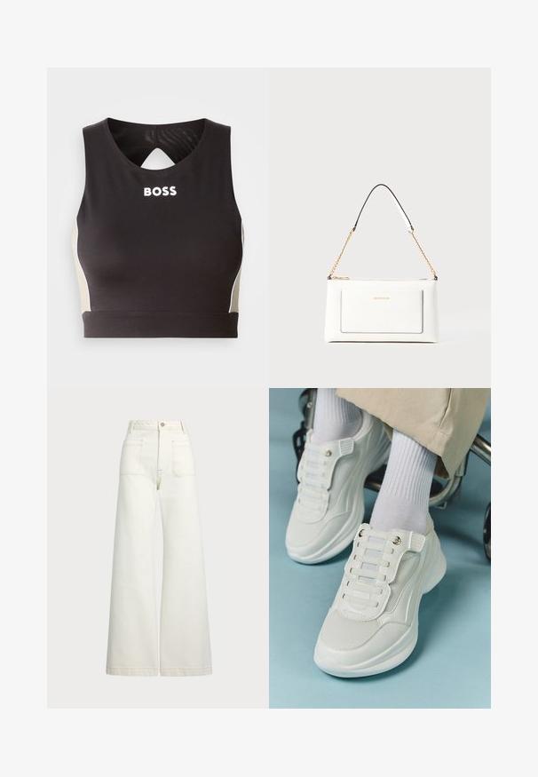 Crni sportski crop top s ključanom pozadinom, s bijelim natpisom "BOSS" i bež bočnim detaljima. Izrađen je od rastezljivog, glatkog materijala.; Široke traperice u boji krem-paleža. Visoki struk s kopčanjem na dugme, dva prednja džepa i kontrastni šavovi.; Bijele tenisice s mrežastim materijalom, gumeni potplat, dizajn bez vezica s elastičnim trakama i zlatnim detaljima.; Bijela kožna torba s teksturiranim završetkom, koja ima zlatni lančić i crne akcentne detalje. Uključuje prednji džep i zatvaranje na patentni zatvarač.