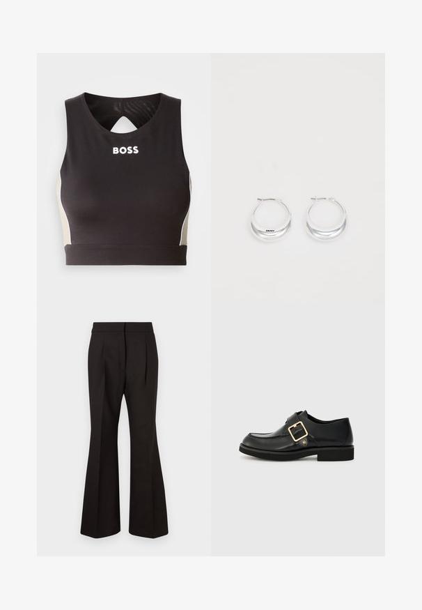 Melnas sportiskas kreklas ar atslēgas caurumu aizmugurē, ar baltu "BOSS" uzrakstu un bēšām sānu akcentiem. Izgatavots no elastīgas, gludas auduma.; Melni izplūstoši bikses ar gludu tekstūru, ar augstu jostasvietu, sānu kabatām un priekšējo griezumu, lai piešķirtu papildu dizaina elementus.; Melna ādas kurpe ar noapaļotu purngalu, kurai ir zelta sprādze un plakana gumijas zole. Gluda tekstūra ar smalkām izšuvuma detaļām.; Sudraba riņķa auskari ar pulētu apdari un DKNY zīmolu, parādīti uz vienkārša balta fona.