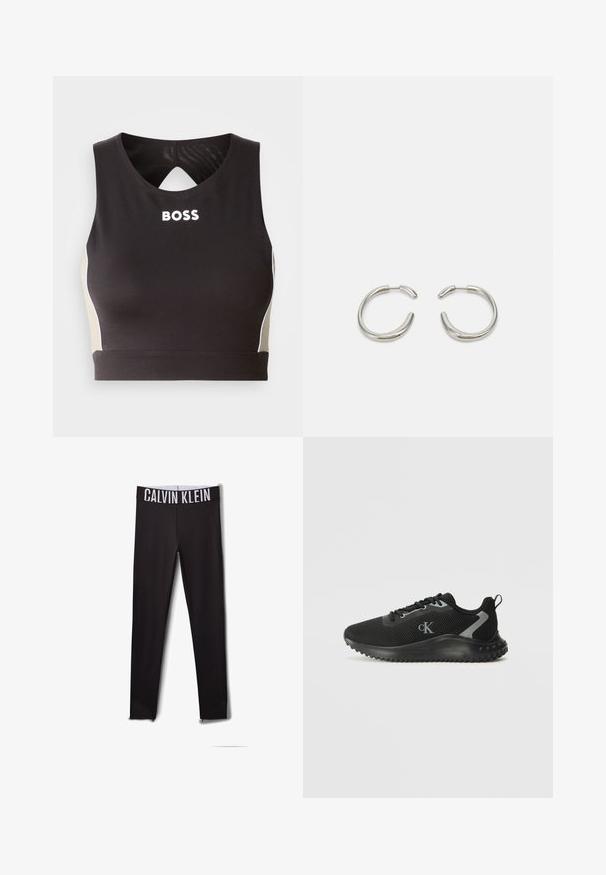 Top deportivo negro de corte crops con un respaldo en forma de ojal, que presenta la inscripción "BOSS" en blanco y acentos beige en los laterales. Fabricado con un tejido elástico y suave.; Leggings negros con un logo blanco de "CALVIN KLEIN" en la cintura. Material suave, diseño ajustado, con acentos de malla en los tobillos.; Zapatilla atlética baja negra con malla transpirable, diseño con cordones, suela texturizada y logo "cK" en el lateral.; Pendientes de aro de plata con un diseño suave y redondeado y un acabado pulido y elegante. Presentan una forma minimalista con una ligera abertura.