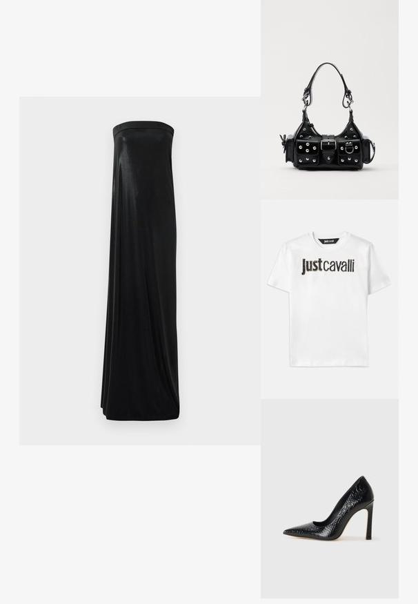 Valge puuvillane T-särk, mille rinnal on must tekst "Just Cavalli" tekstuurses viimistluses. Klassikaline ümar kaelus ja lühikesed varrukad.; Must have rihmatu maksi kleit, mis on valmistatud siledast, läikivast kangast. Omab õhulist bodi ja voogavat siluetti, ulatudes põrandani ilma kaunistusteta.; Mustan teravaotsaga kõrge kontsaga king, millel on krokodillimustriga tekstuur, stiilne disain, kõrge stilettokonts ja sile must sisesisustus.; Must värvi nahast käekott, millel on kaarjas disain, hõbedased nupukesed, kinnitusahe ja kaks külgtaskut. Reguleeritav rihm erinevate kandmisvõimaluste jaoks.