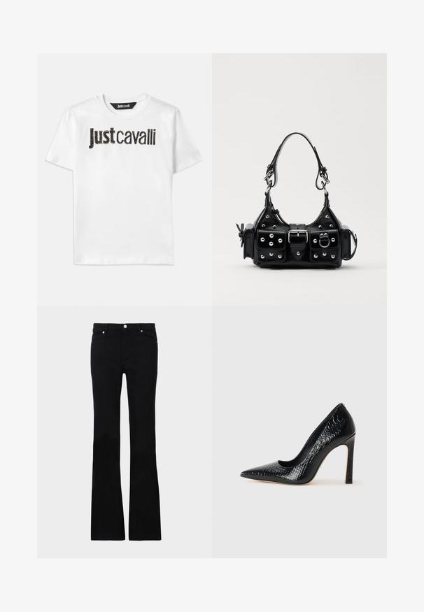 Bijela pamučna majica s natpisom "Just Cavalli" u crnoj boji s teksturiranim završetkom. Klasičan okrugli izrez i kratki rukavi.; Crne široke traperice izrađene od denima, s dva prednja džepa, kopčanjem na dugme i glatkom teksturom. Potpisna šavova vidljiva na šavovima.; Crne visoke potpetice s oštrim prstima, od teksture krokodilske kože, elegantnog dizajna, visoke stiletto potpetice i glatkog crnog unutrašnjosti.; Crna kožna torba s zakrivljenim dizajnom, koja sadrži srebrne zakovice, kopču i dva bočna džepa. Podesiva traka za različite opcije nošenja.