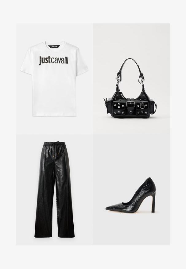 Balts kokvilnas T-krekls ar melnu tekstu "Just Cavalli" ar teksturētu apdari. Klassiska taisna kakla forma un īsas piedurknes.; Melni ādas bikses ar plašu kāju griezumu, elastīgu jostu, auklām un zelta detaļām. Gluda tekstūra un brīvs piegriezums.; Melni augstpapēžu apavi ar norādītu purngalu, ar krokodila ādas tekstūru, izceļoties ar elegantu dizainu, augstu stiletto papēdi un gludu melnu interjeru.; Melnas ādas rokturmais ar izliekumu, ar sudraba iedurtiem, sprādzi un divām sānu kabatām. Regulējams siksniņas garums dažādām nēsāšanas iespējām.