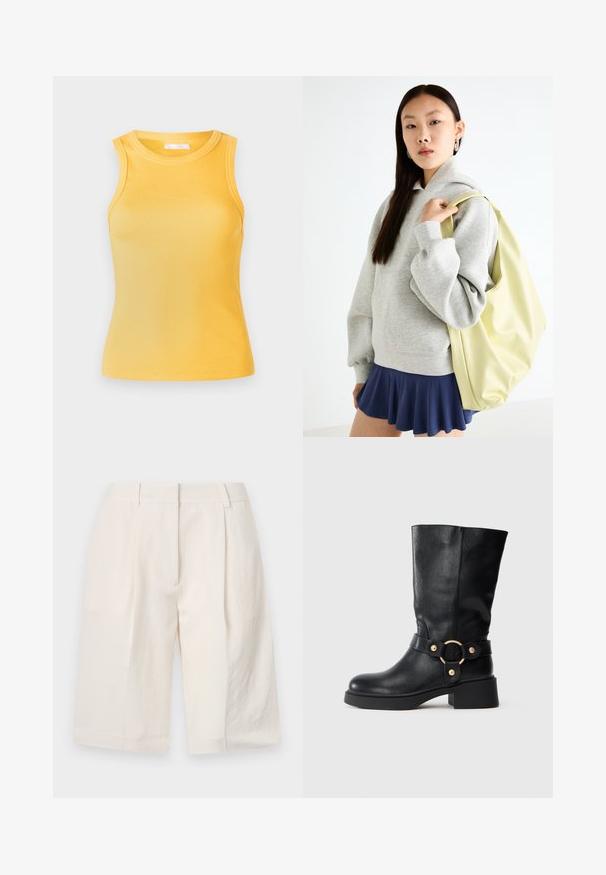 Top giallo a costine senza maniche con scollo rotondo e silhouette aderente. Texture liscia, design minimale e senza hardware o accenti visibili.; Pantaloni corti bianchi in lino con un design sartoriale, davanti plissettato e aperture ampie sulla gamba. Tessuto morbido e lunghezza a metà coscia.; Stivale in pelle nera a metà polpaccio con tacco spesso e cinturino decorativo dotato di una fibbia circolare dorata su sfondo bianco.; Felpa grigia oversize con tasca a marsupio, abbinata a una gonna svasata blu navy. Accessorio: grande zaino giallo chiaro, di texture liscia.
