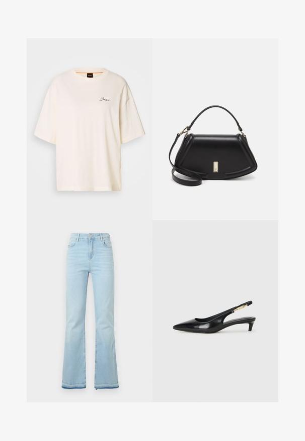 White oversized T-shirt made of soft fabric, featuring a round neck and short sleeves, with a small black "Boss" logo on the front.; Light blue flared jeans made of denim, featuring a high waist, front pockets, and a raw hem at the cuffs for a casual look.; Black leather slingback heels with a pointed toe, featuring a slim heel and a gold-tone accent on the adjustable strap. Smooth texture.; Black leather handbag with a structured design, featuring a cropped shape, top handle, and gold hardware accent. Adjustable shoulder strap included.