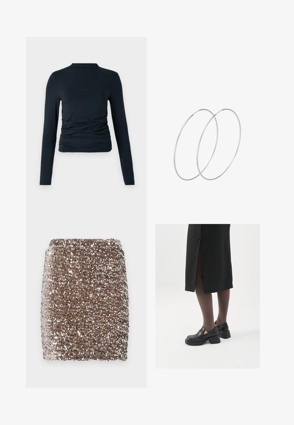 Långärmad svart topp med en hög krage; har samlade detaljer på sidorna; tillverkad av ett mjukt, stretchigt material; slät yta.; Brun mini kjol i paljetter med en åtsittande design, täckt av reflekterande silverpaljetter som skapar en strukturerad, skimrande effekt.; Svarta läderskor med rund tå, tjock klack utan häl och elastiska sidodetaljer, kombinerat med mörka strumpbyxor och en svart kjol med slits.; Silverfärgade hoopörhängen med en minimalistisk design. Cirkulär form, slät yta och tunn profil. Lätta med en polerad finish.