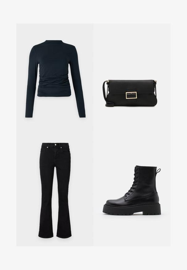 Čierny top s dlhým rukávom a stojatým golierom; má zberané detaily po stranách; vyrobený z mäkkého, elastického materiálu; hladká textura.; Čierne rozšírené džínsy vyrobené z denimu, s strednou výškou pásu, prednými vreckami a zapínaním na gombík. Hladká textúra s minimálnymi švovými detailmi.; Čierne kožené členkové topánky s okrúhlou špičkou, šnurovaním vpredu a hrubou gumovou podrážkou s textúrovaným vzorom. Sťahovací pútko na zadnej strane.; Čierna kožená clutch taška s klopou a zlatým kovovým detailom s prackou. Obsahuje čierny remienok a elegantný, minimalistický dizajn.; Zlaté kruhové náušnice, tenké a okrúhleho tvaru, s hladkým kovovým povrchom a bez ozdôb alebo vzorov.