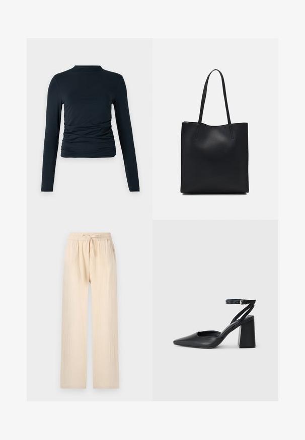 Long-sleeve black top with a mock neck; features gathered detail on the sides; made of a soft, stretchy material; smooth texture.; Light beige wide-leg pants made of soft, lightweight fabric. Elastic waistband with a drawstring. Textured surface and loose fit.; Black leather pointy-toe pump with an ankle strap and a chunky heel. Flat texture, sleek design, and minimalistic aesthetics.; Black leather tote bag with smooth texture, rectangular shape, and two long handles. No visible hardware or embellishments.